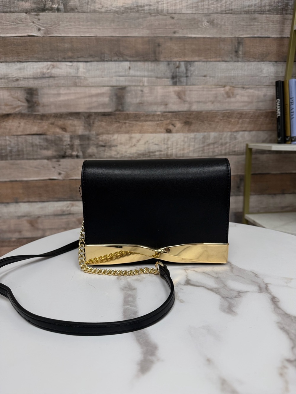 Black House/White Market black leather purse with gold bow and chain NWT